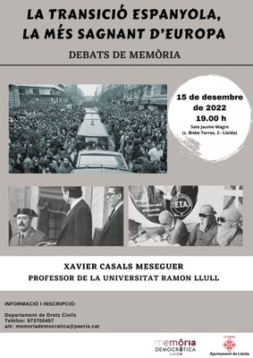 Pamflet on es troba tota la informació del debat sobre "La Transició Espanyola, la més sagnant d'Europa" i on també s'hi poden veure imatges de persones d'aquesta època i d'ETA.
