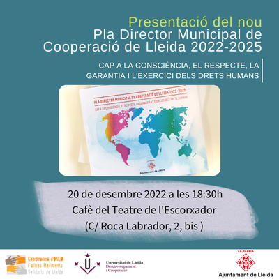 Imatge on s'explica la informació sobre la Presentació del nou Pla Director Municipal de Cooperació 2022-2025 amb una imatge del mapa mundi.