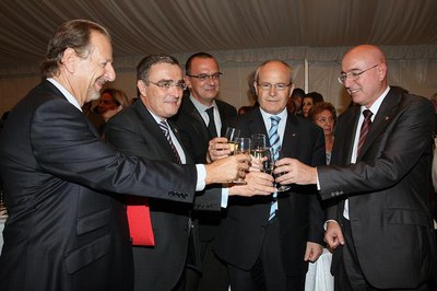 Xavier Bru de Sala; l'alcalde Ros; el delegat del Govern a Lleida, Miquel Pueyo; el President Montilla i el Conseller Tresserras.