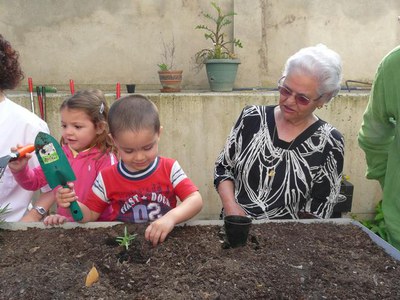Els avis i els nens i nenes de l'escola bressol han plantat flors ornamentals, plantes aromàtiques i hortalisses.