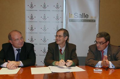 El Director General de La Salle, Miquel Àngel Barrabeig, el rector de la Udl, Joan Viñas i l'alcalde de Lleida, Àngel Ros..