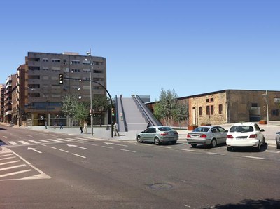 Imatge virtual de l'escala que salvarà el desnivell entre la plaça Ramon Berenguer IV i el cobriment de les vies, passant per damunt dels Docs.