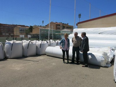 Visita de l’inici dels treballs per substituir la moqueta antiga desgastada de manera natural pel seu propi ús per una gespa artificial.