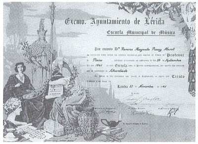 Títol de piano de Ramona Margarida Purroy signat per Ricard Viñes com a director honorari de l'Escola Municipal de Música el 1941. Citat al llibre de….