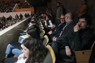 L'alcalde Àngel Ros amb el director del Conservatori, Josep Lluis Boix, en el concert de Nadal dels alumnes del Conservatori i l'Escola Municipal de ….