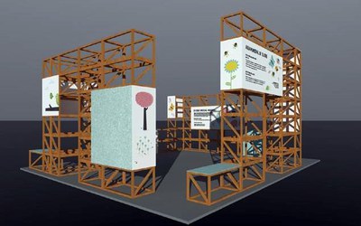 L’estand municipal a Petitàlia es distribueix a partir de la repetició d'una estructura modular que configura diferents espais.