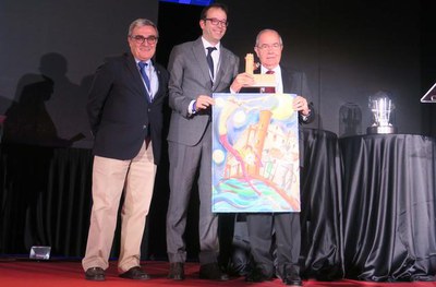 L'alcalde de Lleida i l'alcalde de Mollerussa amb Josep M. Pujol, en la celebració dels 75 anys de Prefabricats Pujol.