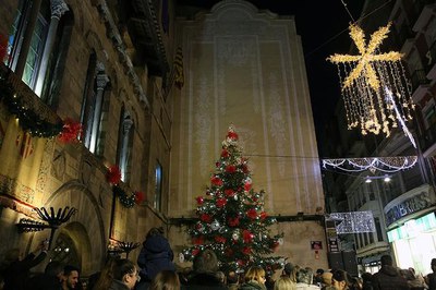 Un gran arbre de Nadal encapçala la plaça de la Paeria..
