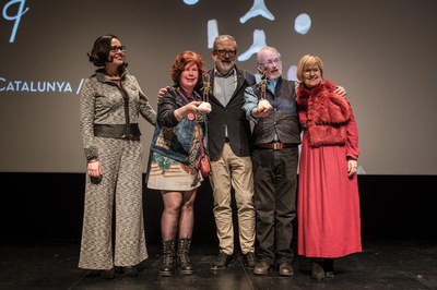 L'alcalde Fèlix Larrosa, la tinent d'alcalde Montse Parra i la directora d'Animac, C.López, amb Peter Lord i Katariina Lillqvist, premis Animac 2019..