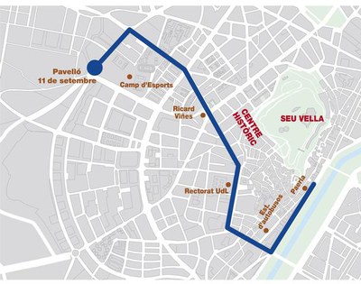 Plànol de la rua del Lleida Llista per la ciutat fins arribar a la Paeria..