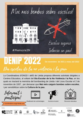 "Mai més bombre sobre escoles", lema del DENIP 2022.
