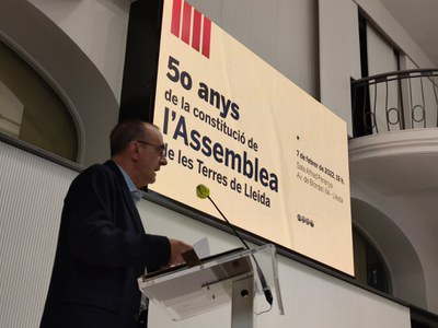 L'alcalde de Lleida, en un moment de la seva intervenció en l'acte del 50 aniversari de l'Assemblea de les Terres de Lleida..