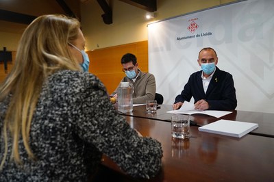 Reunió de treball amb l'alcalde Pueyo, el tinent d'alcalde Postius i la delegada del Govern Maria Eugència Gay i el sudelegat a Lleida, Crespín.