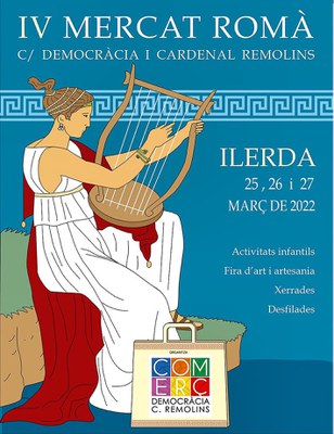 Cartell del IV Mercat Romà als carrers Democràcia i Cardenal Remolins.