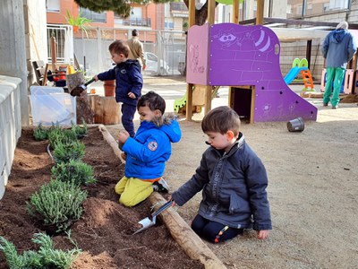 Els infants de l'escola col·laboren en la plantació als parterres.