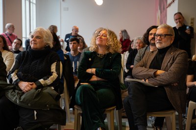 Valls, Bosch i Larrosa durant la presentació del nou programa De Lleida al món, a l'Espai d'Innovació del Comerç.