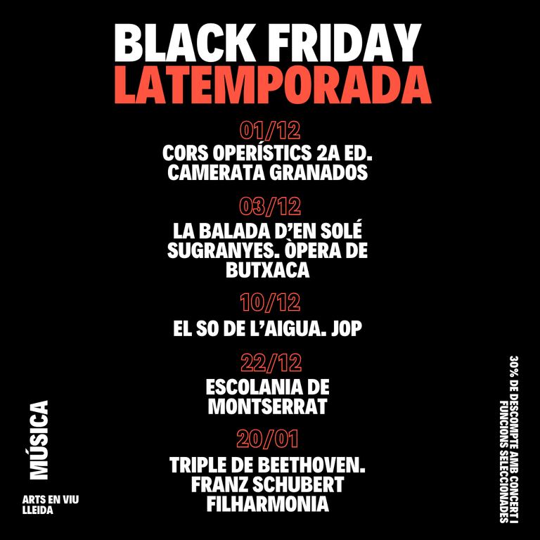 El Black Friday arriba a LaTemporada Lleida amb tarifes especials en 11 espectacles de música i teatre. N'hi ha 5 a de l’Auditori Municipal Enric Granados.