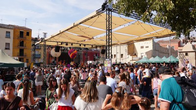 La plaça del Dipòsit, plena de gom a gom, durant l'espectacle "Aixeca't i balla!" d'Atrapasomnis.