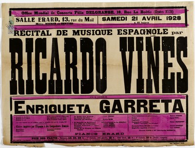 Cartell del concert interpretat per en Ricard Viñes i Enriqueta Garreta a la Sala Érard de París el 21 d'abril de 1928 (Fons Ricard Viñes. Arxiu Muni….