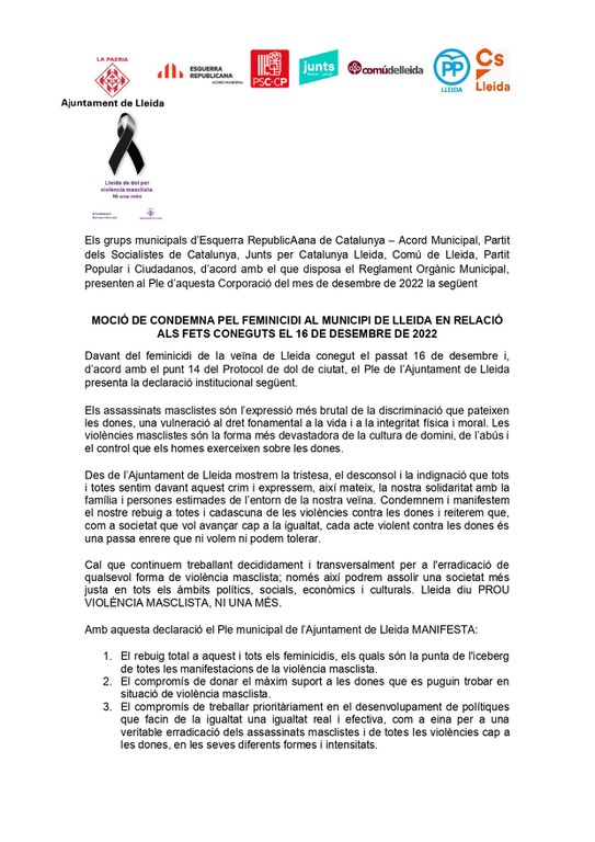 La moció en rebuig al recent feminicidi de Lleida.