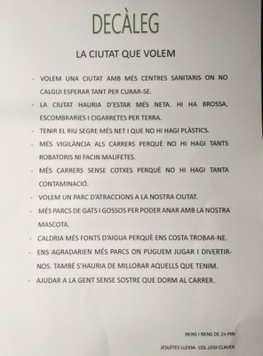 El decàleg que els infants del Col·legi Claver han presentat a l'Alcaldia..