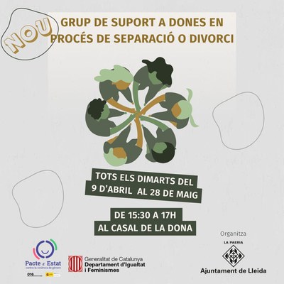 L’Ajuntament de Lleida, a través de la Regidoria de Polítiques Feministes, impulsa un grup que oferirà suport psicològic per a les dones que es troben en procés de separació o divorci..