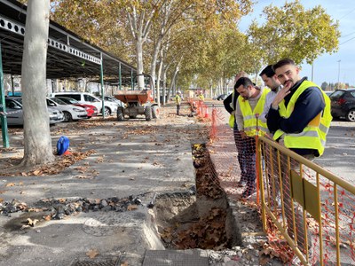 Tècnics revisen una de les rases obertes pel cablejat i la base dels fanals.