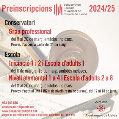 Obertes les preinscripcions al Conservatori i Escola Municipal de Música de Lleida.