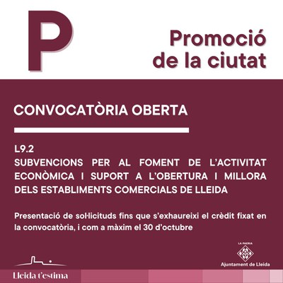 <bound method DexterityContent.Title of <NewsItem at /fs-paeria/paeria/ca/actualitat/noticies/obre-la-convocatoria-dels-ajuts-per-a-l2019obertura-i-millora-d2019establiments-comercials-als-instituts-templers-escorxador-la-mariola-els-mangraners-la-rambla-de-ferran-i-el-centre-historic>>.