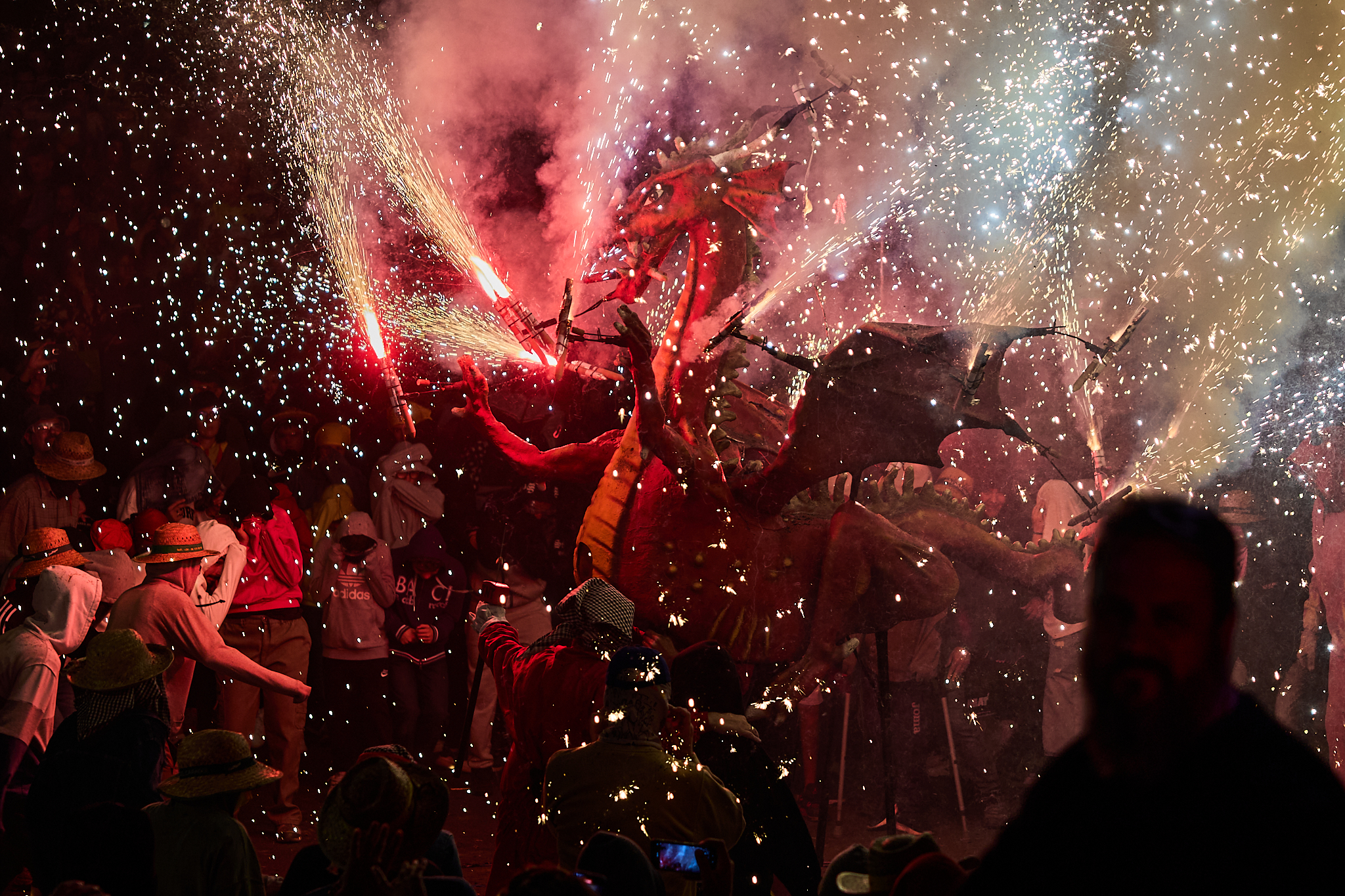 Les bèsties de foc il·luminen la ciutat en la Gran Nit de Foc al ritme de la Banda Retocada, els Carreter-colla de grallers i Xip Xap