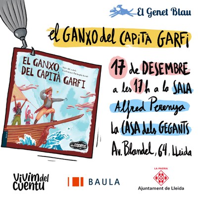 Imagen donde se explica la actividad (horario, lugar...) junto con una ilustración del cuento (enganchada en un garfio) y logotipos de los patrocinadores.