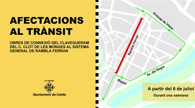 <bound method DexterityContent.Title of <NewsItem at /fs-paeria/paeria/es/actualidad/noticias/afectaciones-al-trafico-por-las-obras-de-conexion-del-alcantarillado-de-la-calle-clot-de-les-monges-en-el-sistema-general-de-la-rambla-ferran>>.