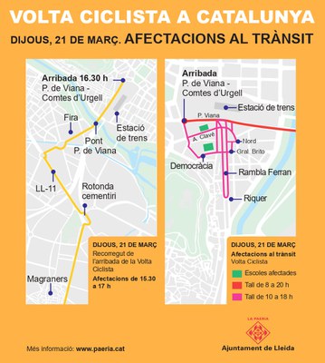 Afectaciones al tráfico y cortes de calles con motivo de la llegada de la Vuelta Ciclista a Cataluña, en Lleida.