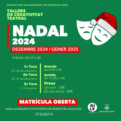 El Ayuntamiento de Lleida abre las inscripciones a los Talleres de Creatividad Teatral de Navidad del Aula Municipal de Teatre.
