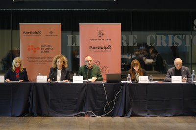 El paer en cap, Miquel Pueyo, acompañado de la concejala Marta Gispert, ha presidido la reunión del Consell de Ciutat de Lleida.