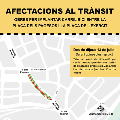 La Paeria inicia este jueves las obras para implantar carril bici y mejorar la movilidad entre la plaza dels Pagesos y la plaza del Ejército.